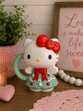 Sanrio Hello Kitty Christmas Mug Mint Green Red Bow Ceramic NWT